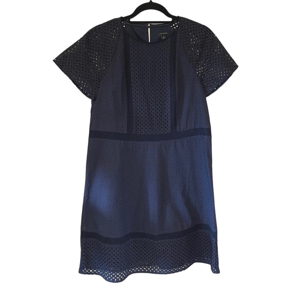 Ann Taylor Navy Blue Eyelet Cotton Shift Dress Short Sleeve Size 2 Small Boho
